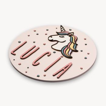 Placa decorativa de madera personalizada con nombre Unicornio
